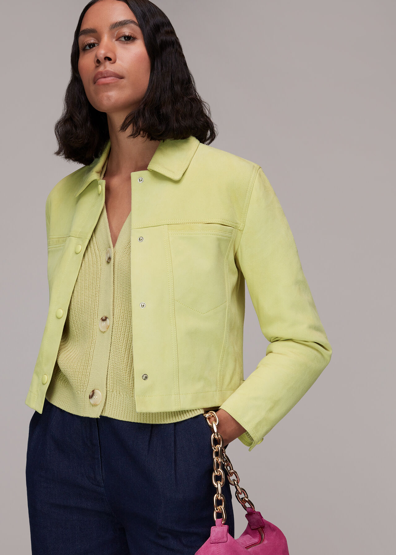 Lime Yuri Cropped Suede Jacket | WHISTLES | Whistles UK