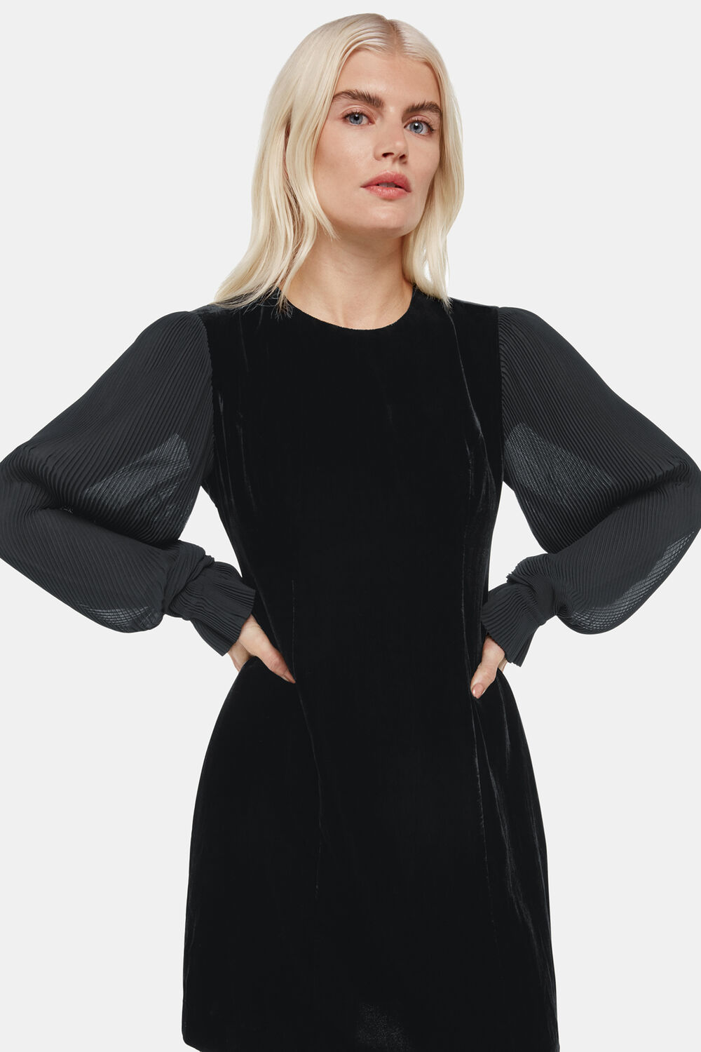 Black Petite Velvet Pleat Sleeve Mini Dress