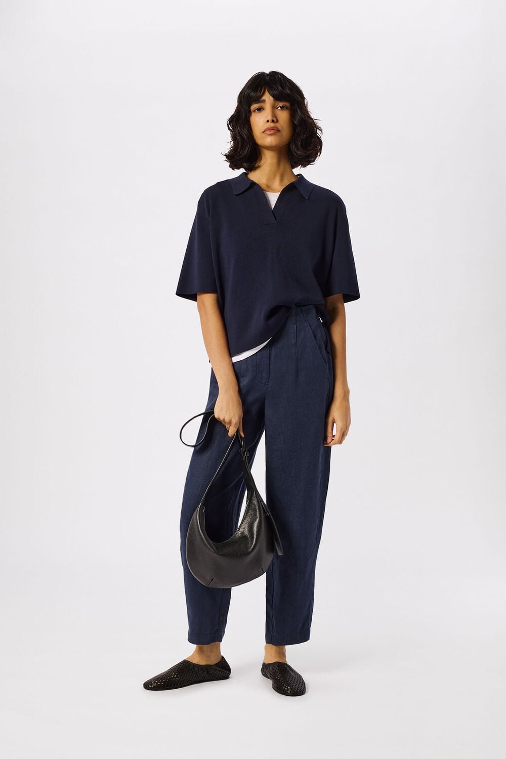 Navy Petite Linen Barrel Leg Trouser