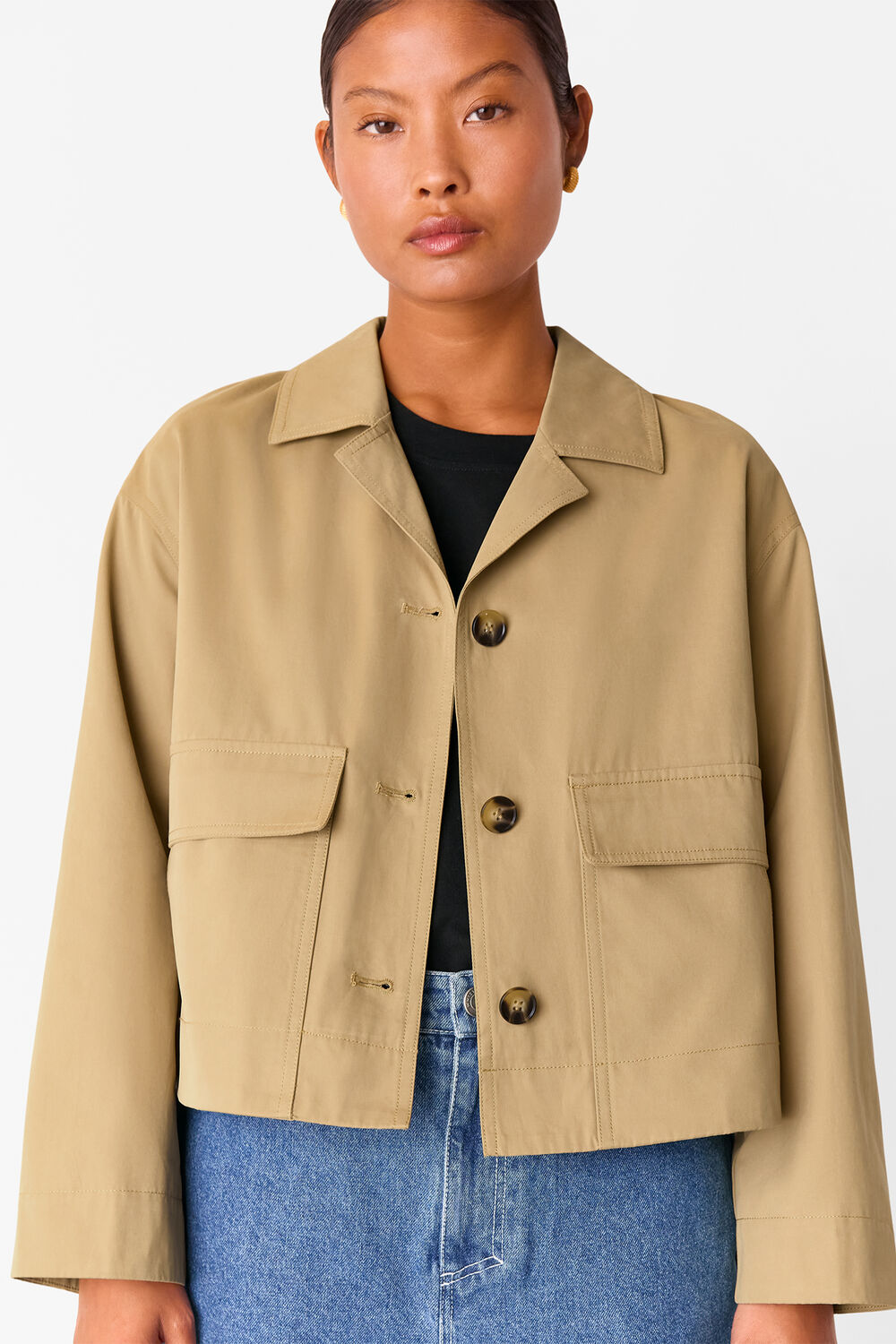 Neutral Petite Short Cotton Trench Jacket