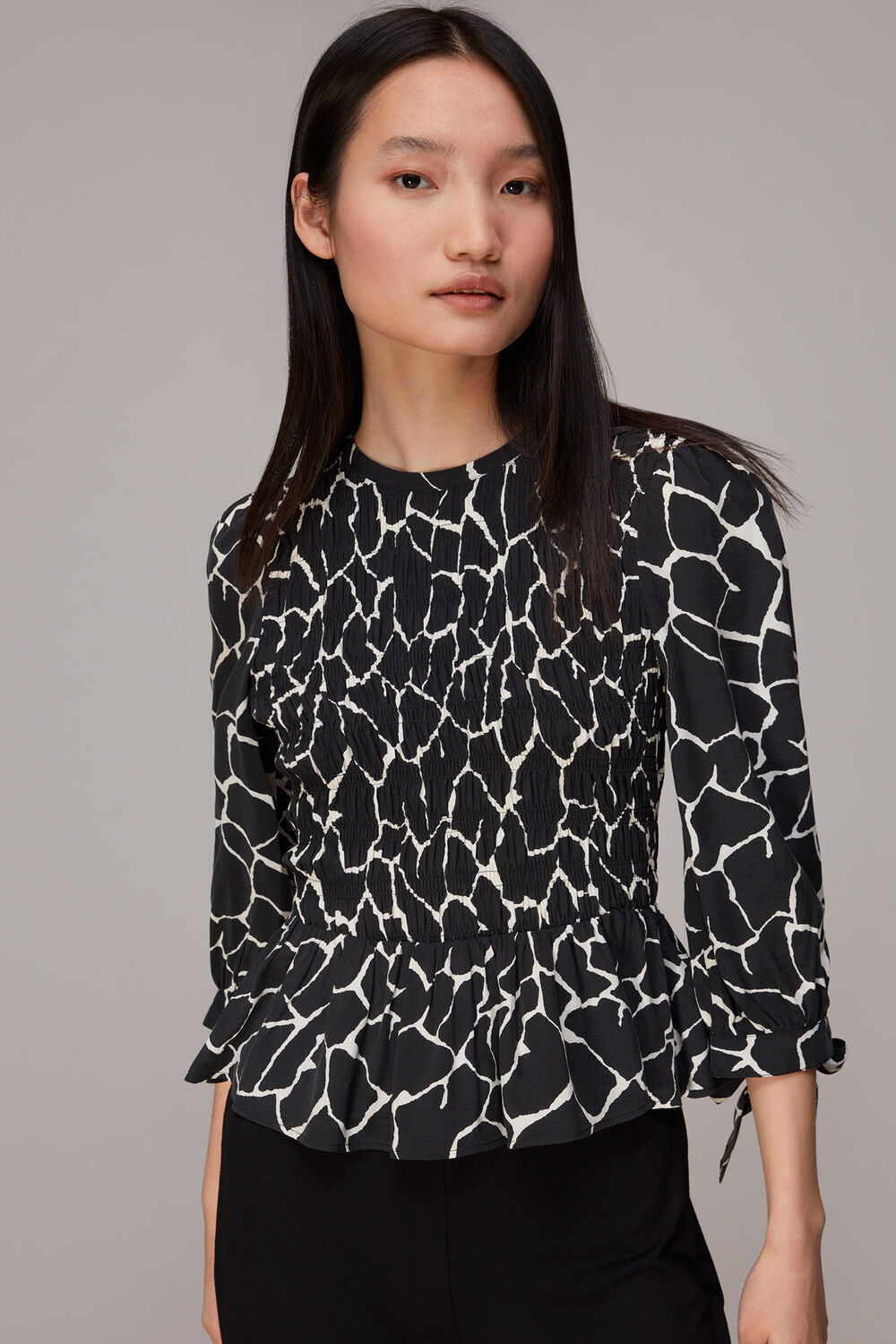 Black Giraffe Print Shirred Top