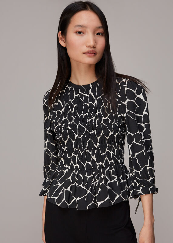Black Giraffe Print Shirred Top
