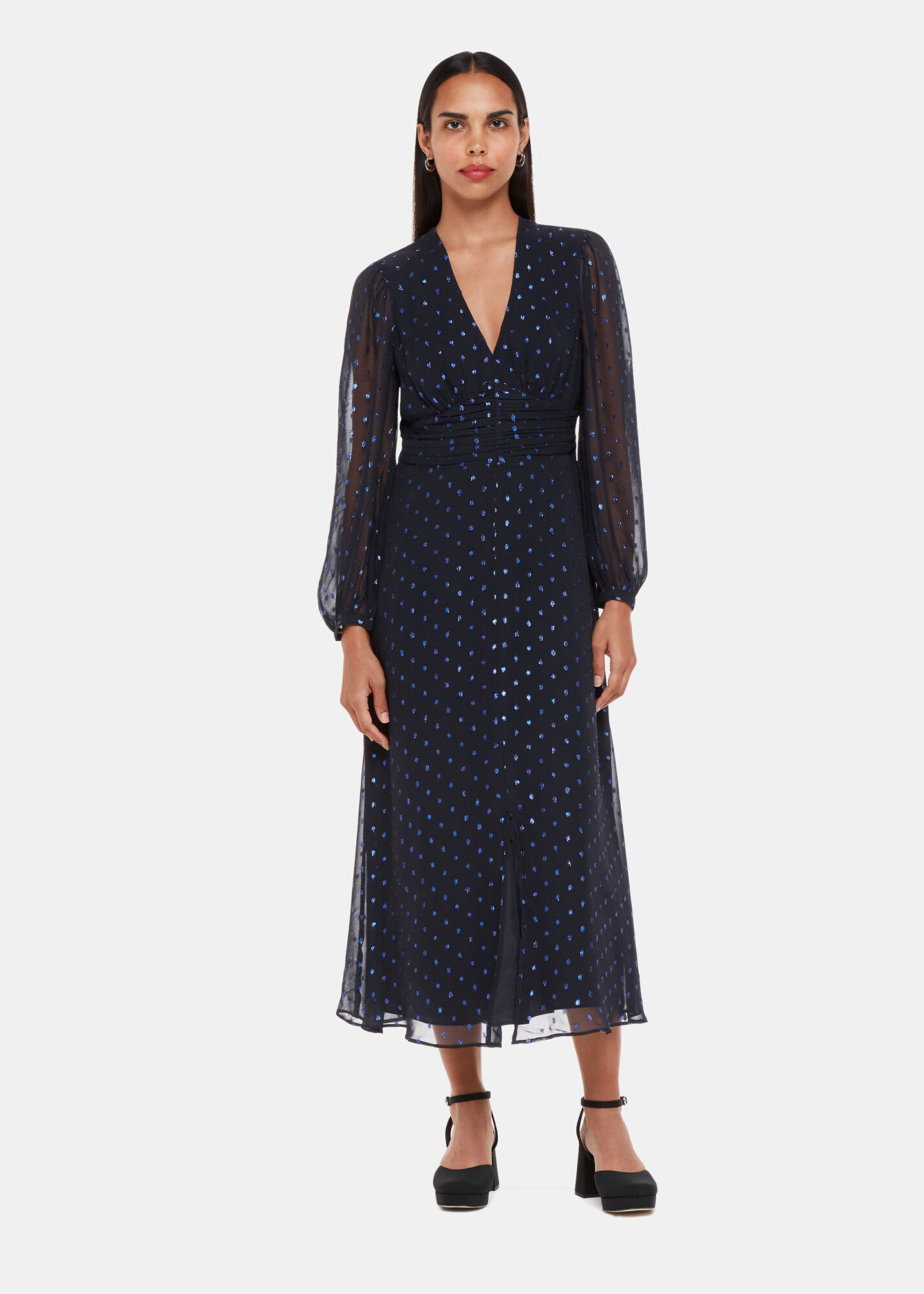 Navy/Multi Metallic Dobby Midi Dress WHISTLES Whistles US