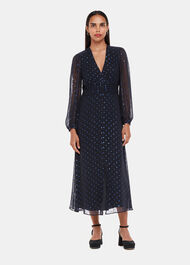 Navy/Multi Metallic Dobby Midi Dress | WHISTLES | Whistles UK