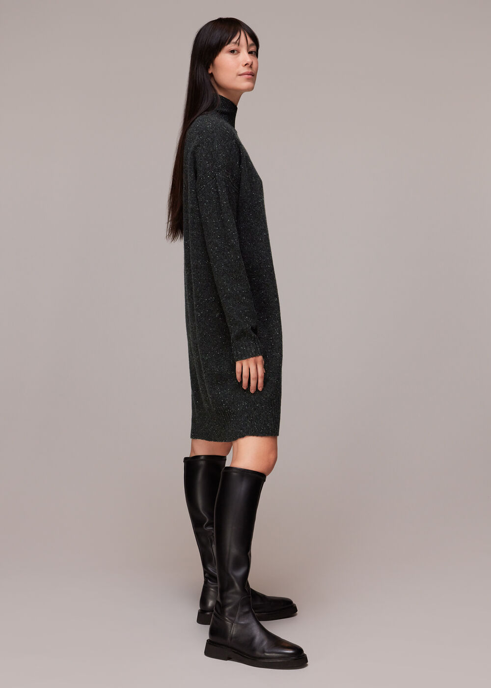 Funnel Neck Flecked Knit Dress