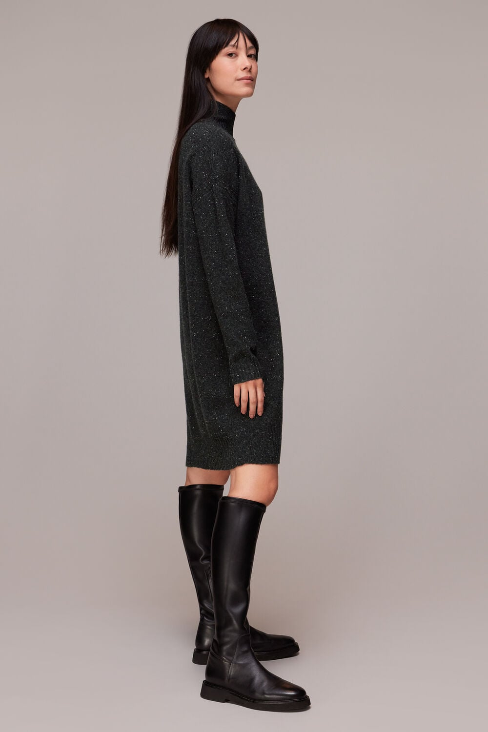 Funnel Neck Flecked Knit Dress