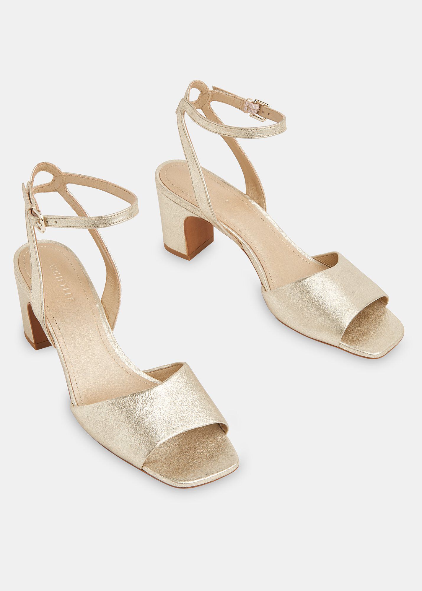 Gold Leather Block Heels With Open Toe Whistles