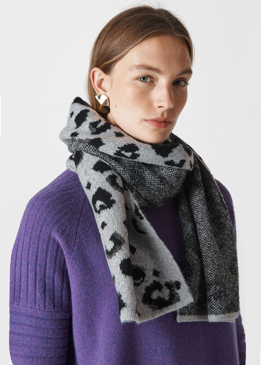 Leopard Intarsia Knit Scarf Grey Marl