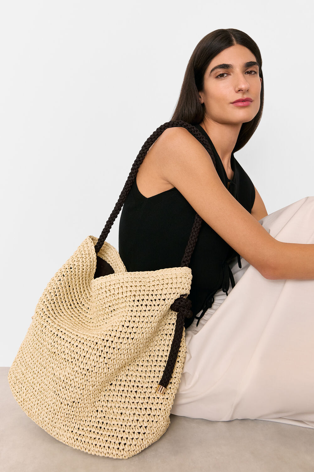 Neutral Attie Rope Handle Straw Tote