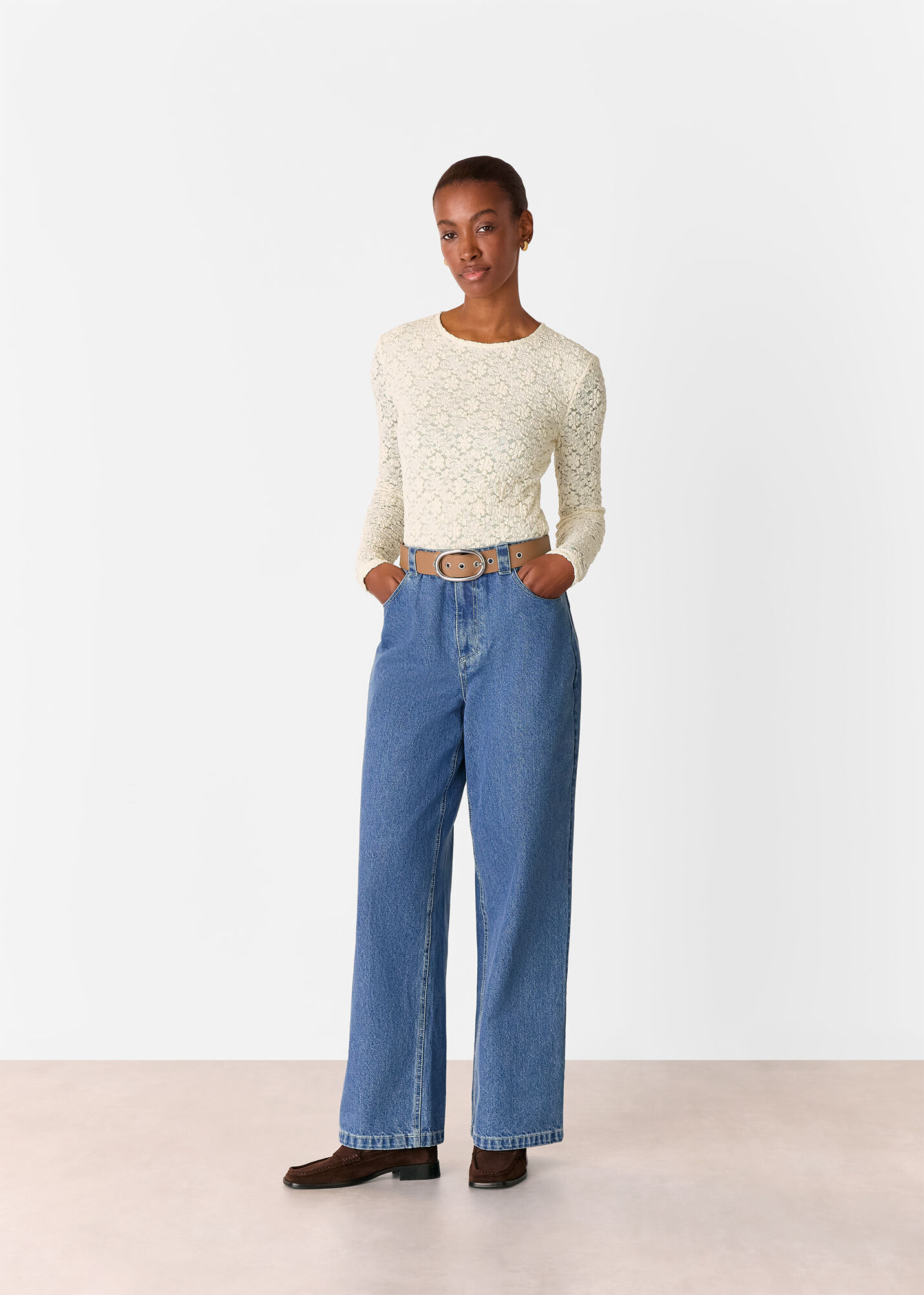 Ivory Jersey Lace Long Sleeve Top | WHISTLES | Whistles US |