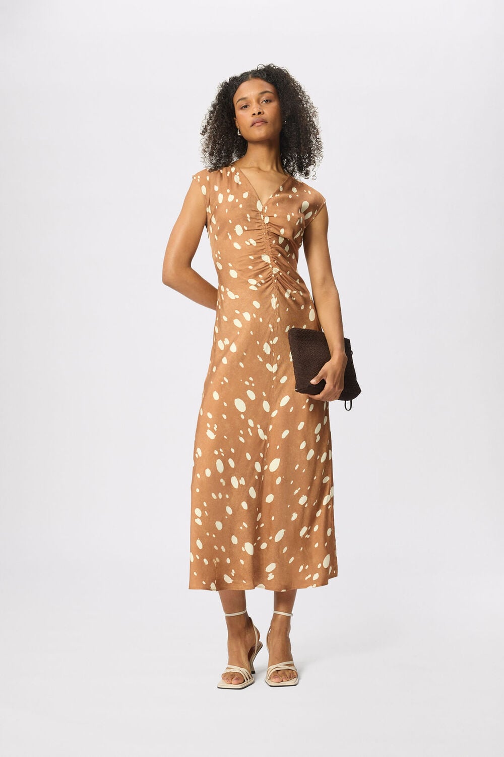 Brown Sleeveless Spot Viscose Midi Dress
