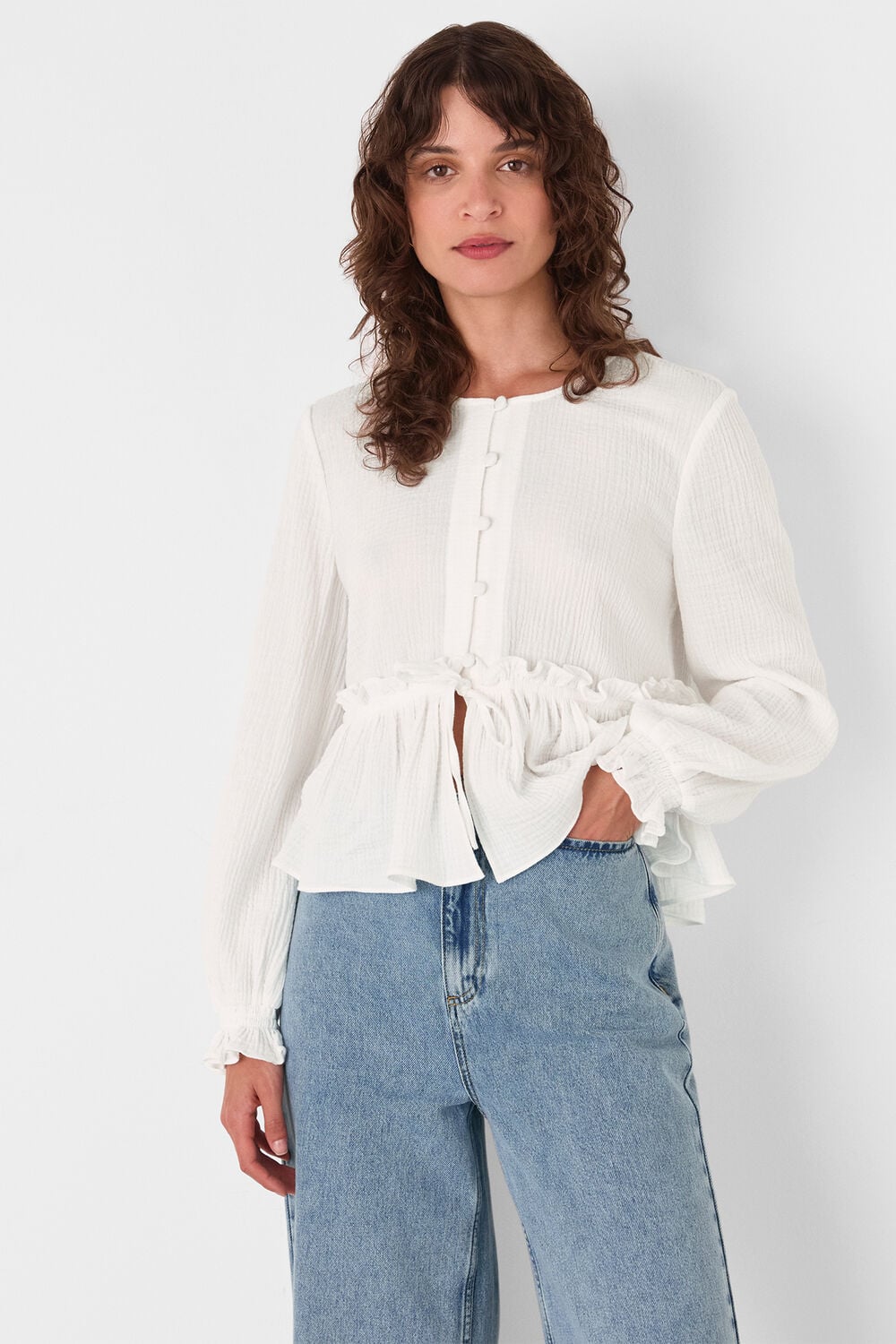 White Cotton Frill Peplum Blouse
