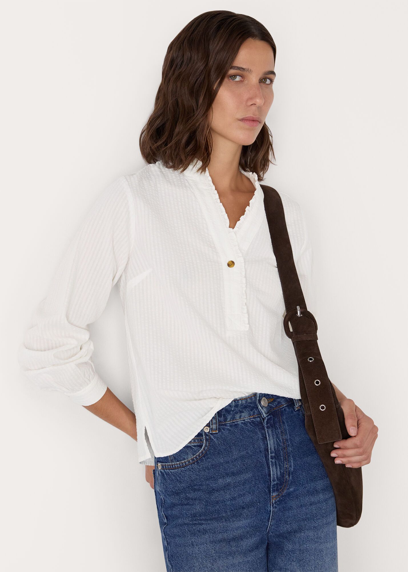 White Textured Frill Shirt | WHISTLES | Whistles UK |