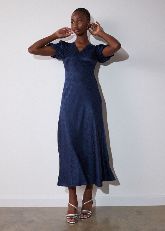 Navy Jacquard V Neck Midi Dress