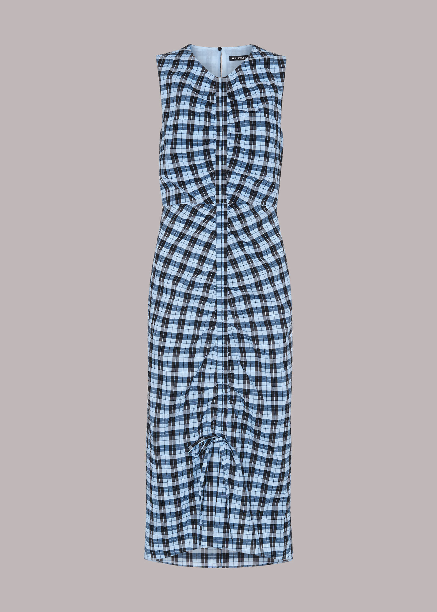 Blue Ruched Gingham Midi Dress