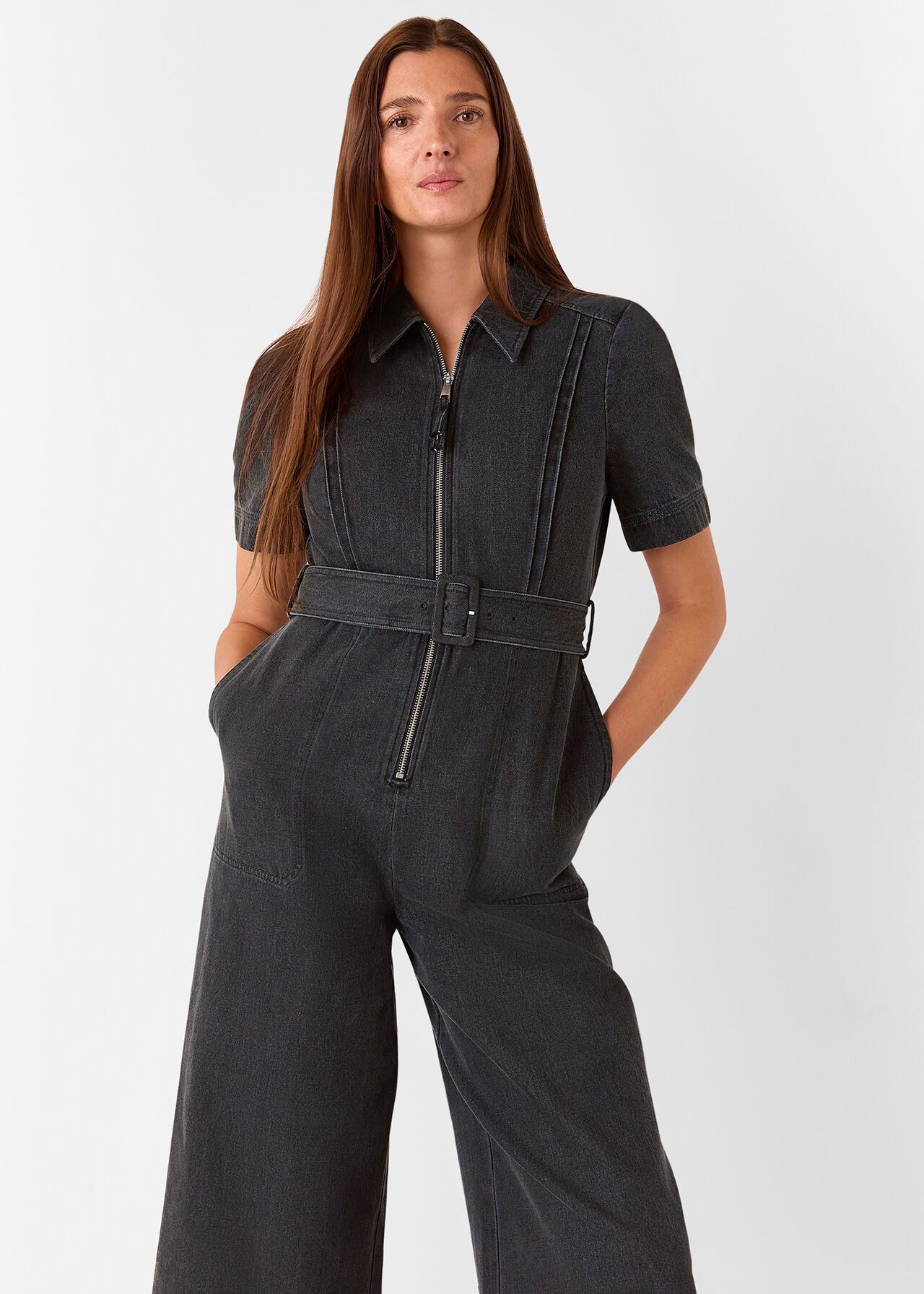 Denim Pintuck Belted Jumpsuit