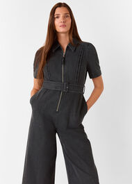 Denim Pintuck Belted Jumpsuit
