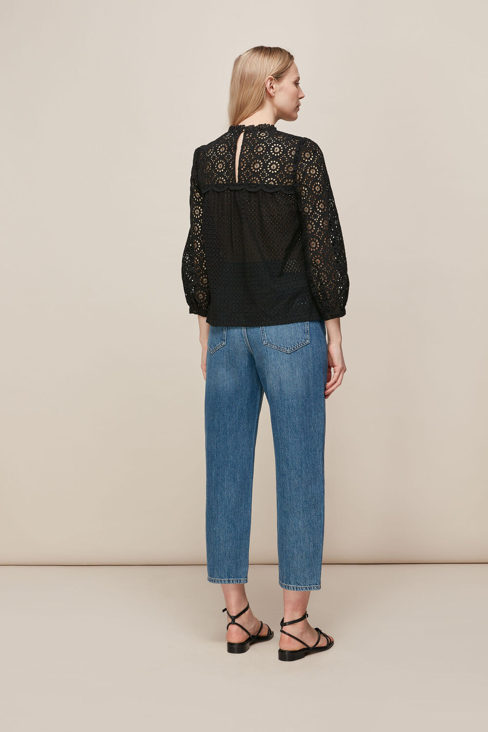 Sara Mixed Broderie Top Black