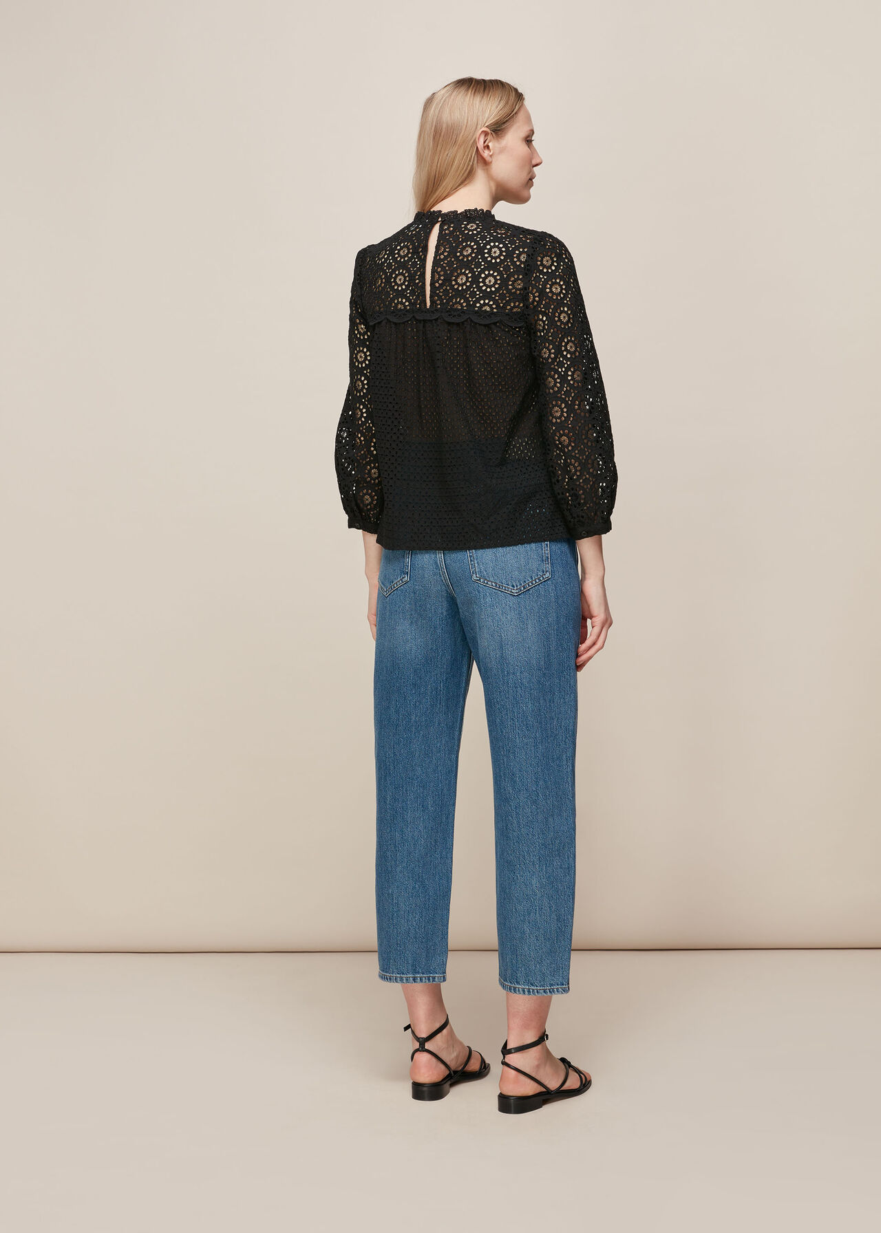 Black Sara Mixed Broderie Top | WHISTLES