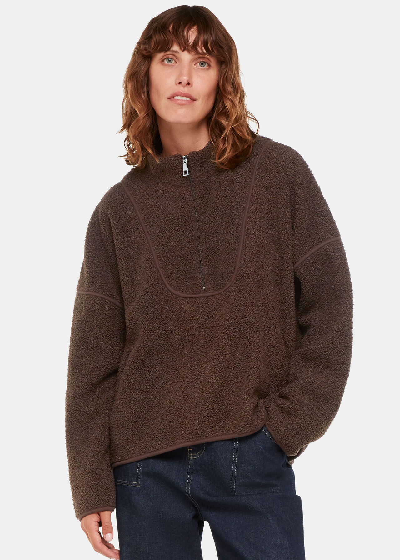 Quarter-Zip Shearling Fleece Pullover - Brown