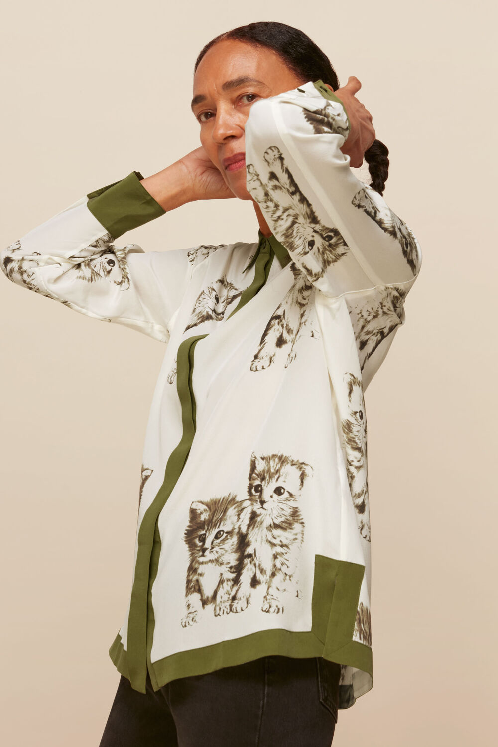 Cat Print Silk Blouse