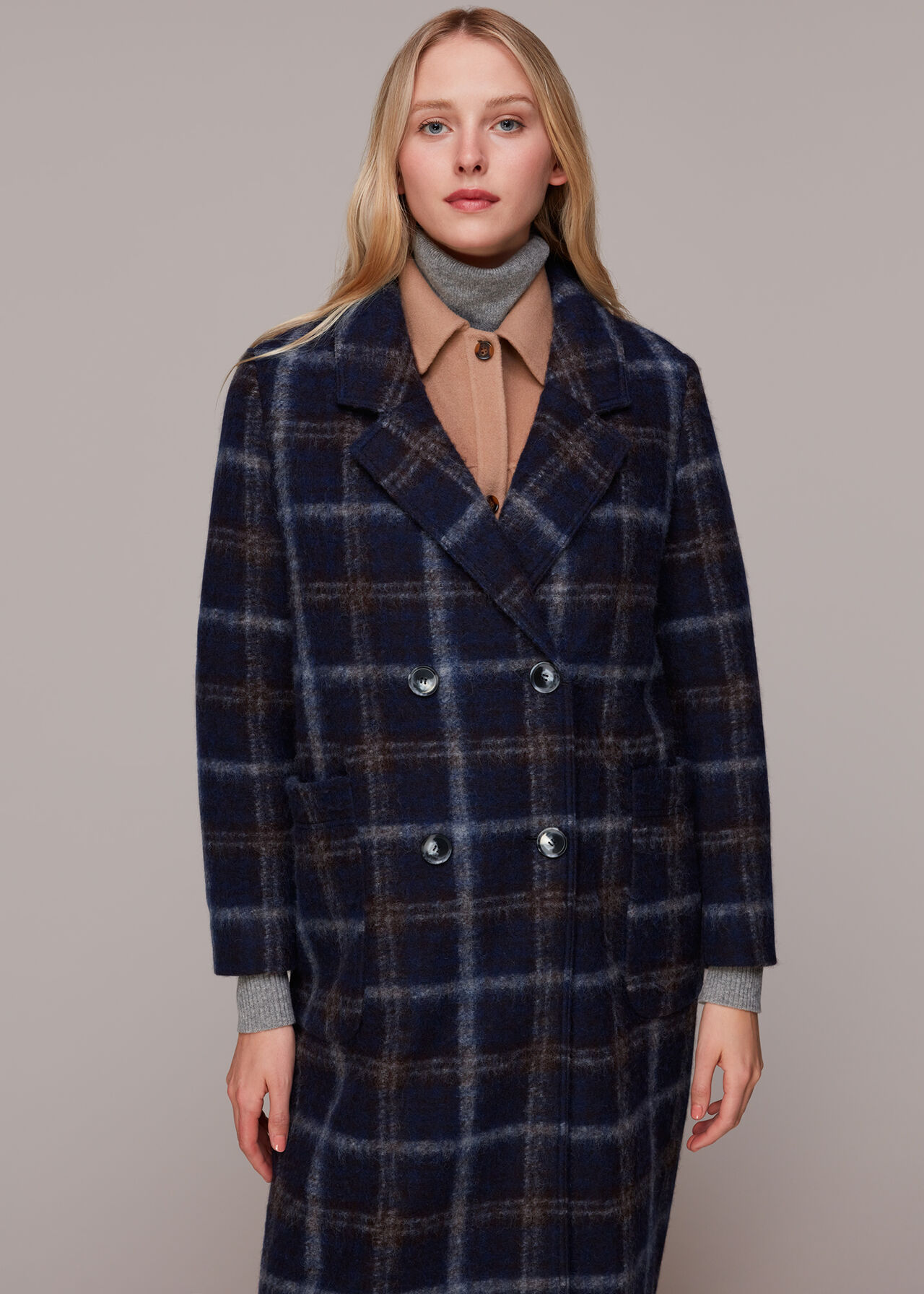 Wool Double Breast Check Coat