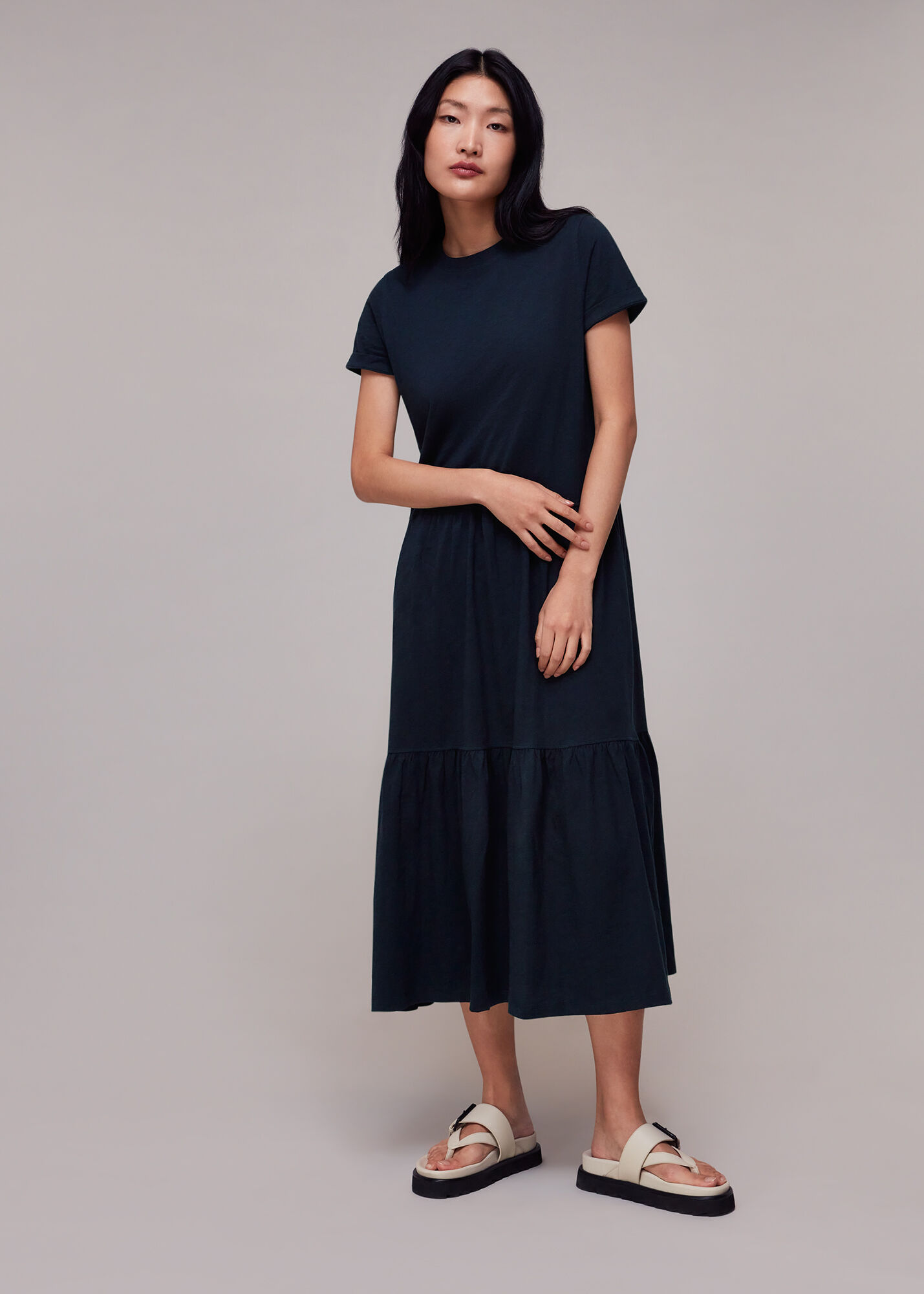 Navy Tiered Jersey Midi Dress WHISTLES Whistles ROW