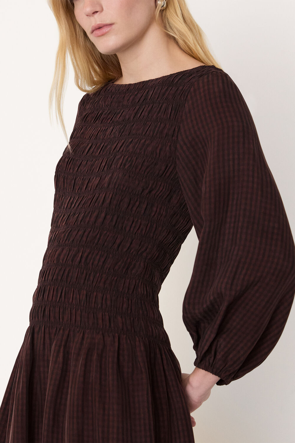 Brown Checked Shirred Dress