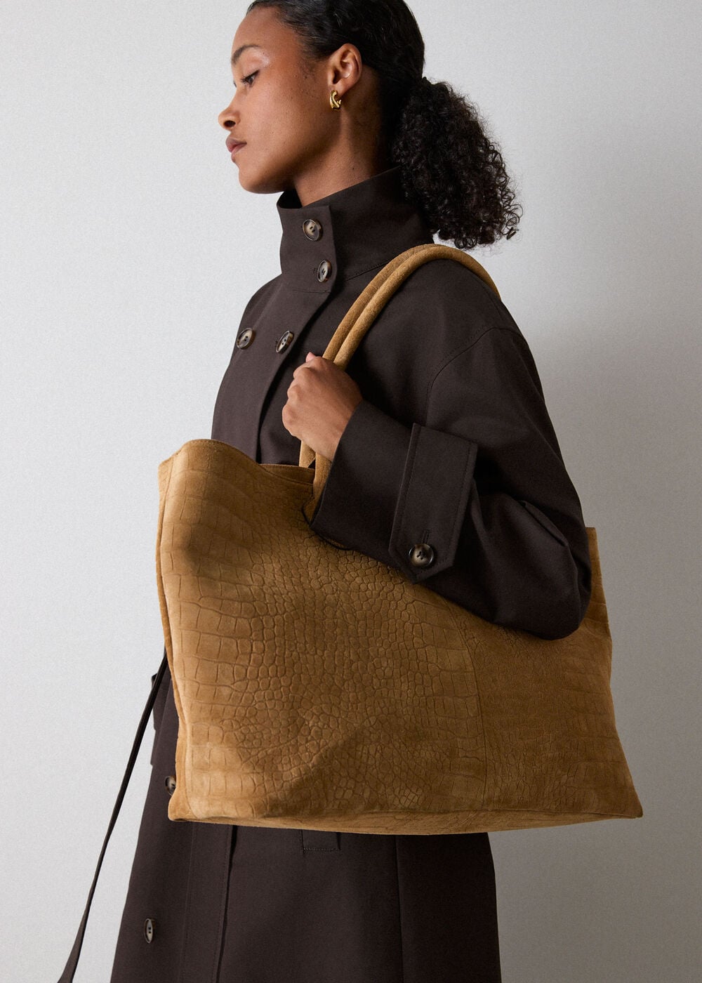 Neutral Leandra Croc Suede Tote Bag