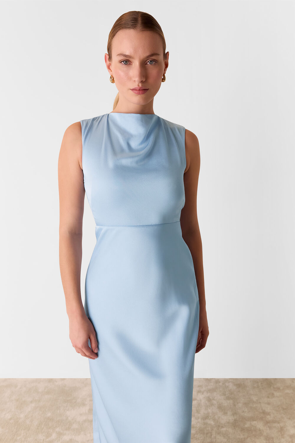 Pale Blue Cowl Neck Satin Maxi Dress
