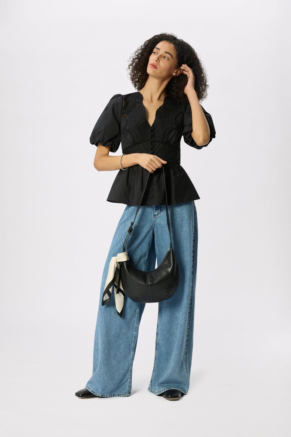 Black Cotton Broderie V Neck Blouse