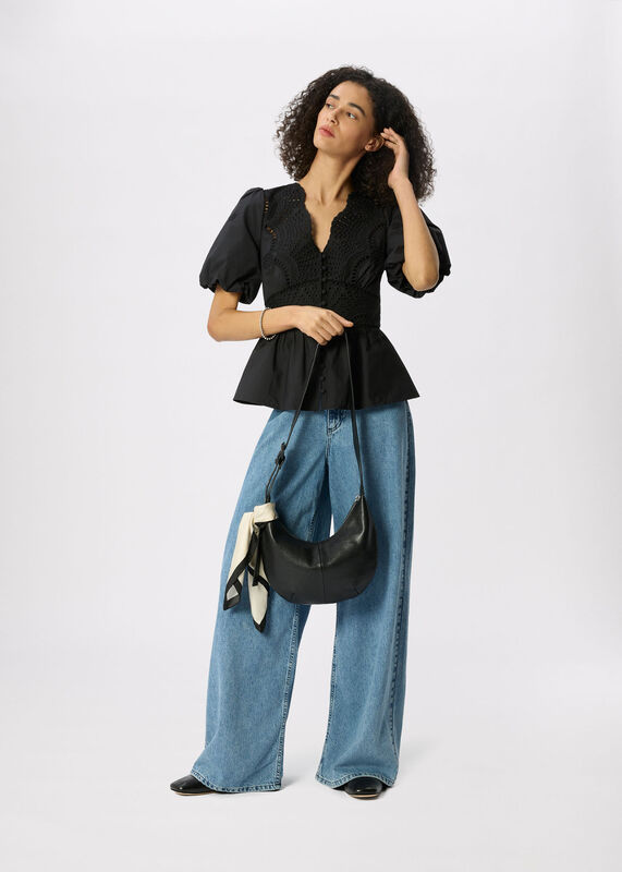 Black Cotton Broderie V Neck Blouse