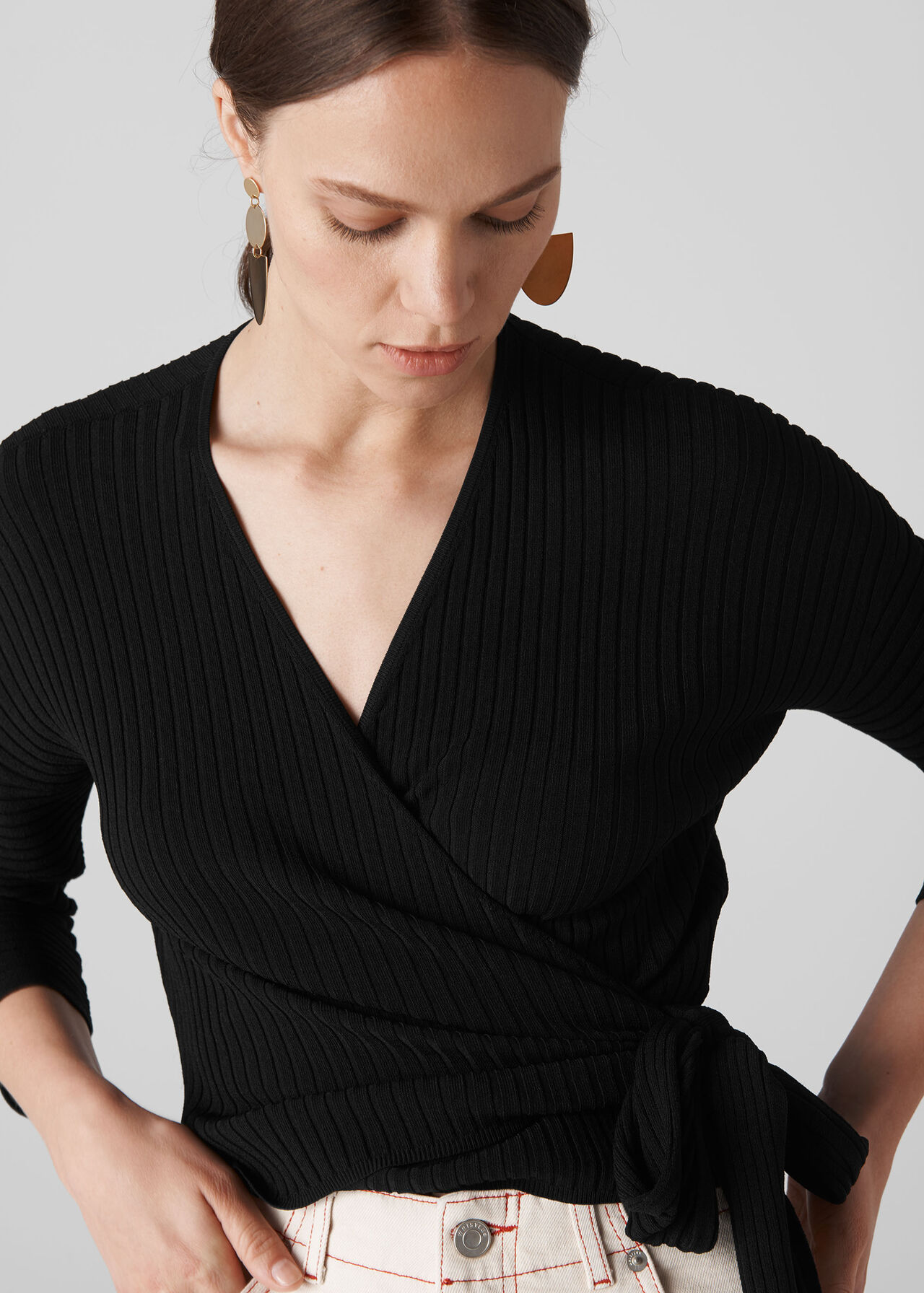 Rib Detail Wrap Top Black