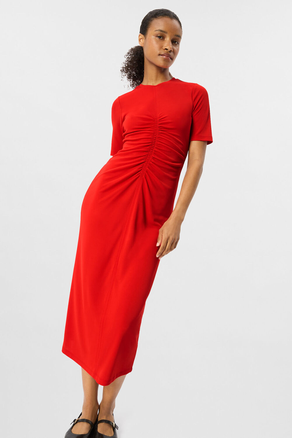 Red Gathered Jersey Midi Dress