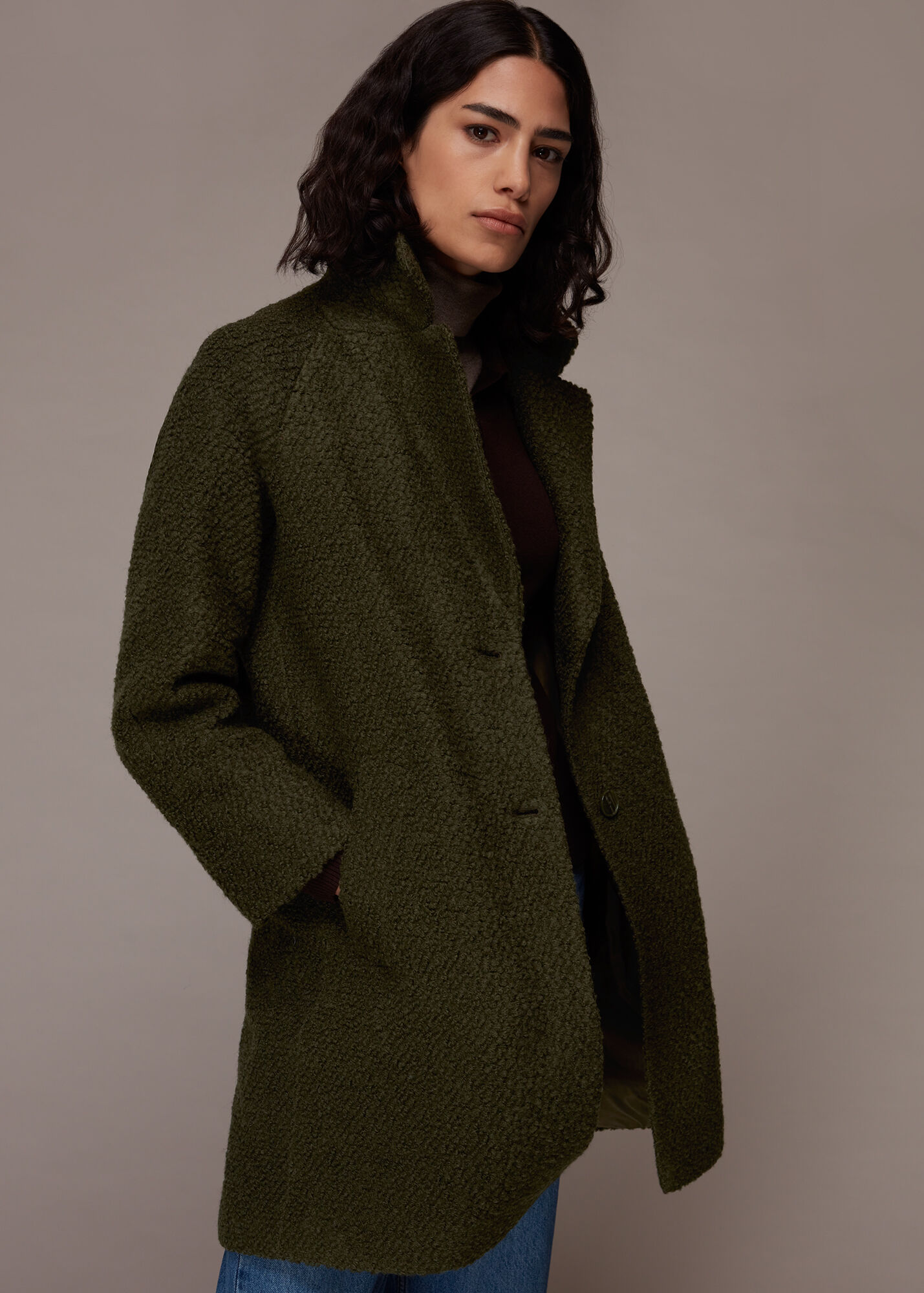 Khaki Daisy Boucle Casual Coat WHISTLES