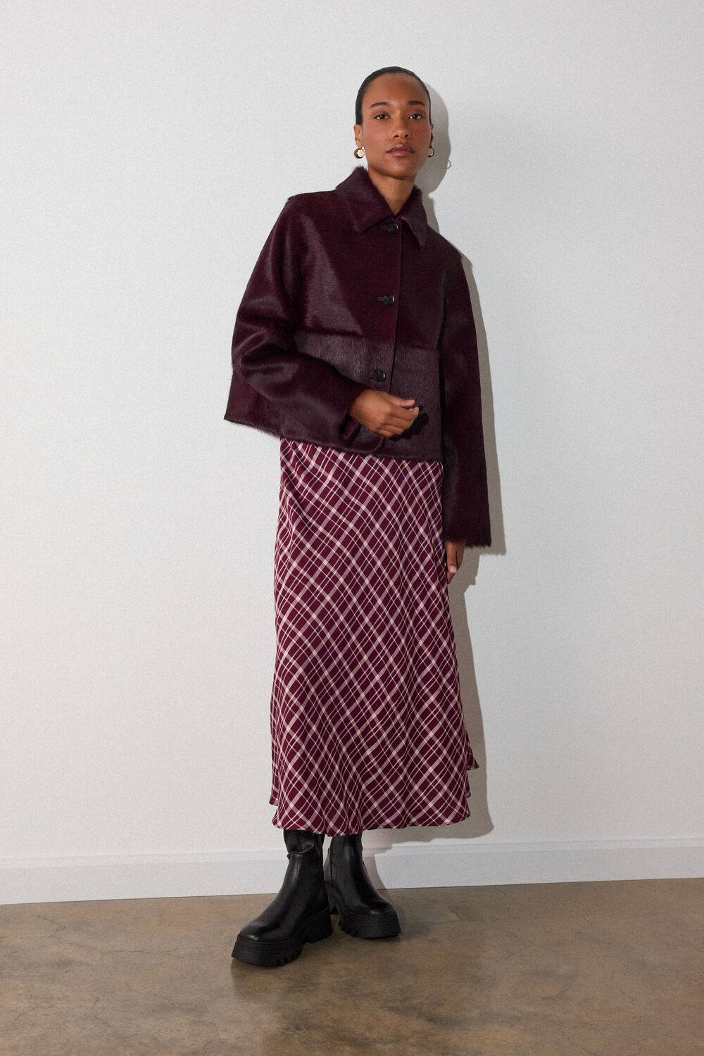 Burgundy Check Midi Shirt Dress