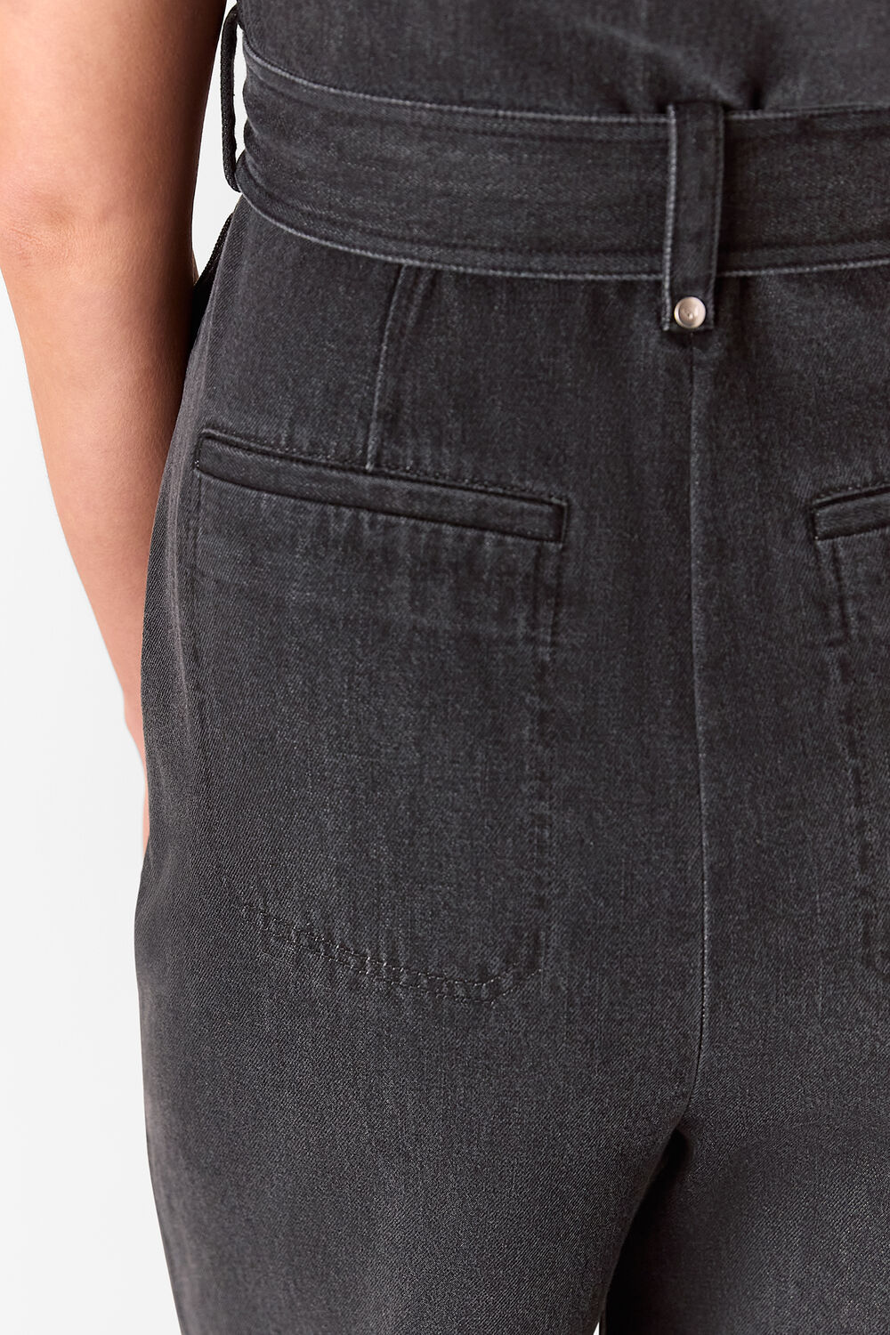 Denim Pintuck Belted Jumpsuit