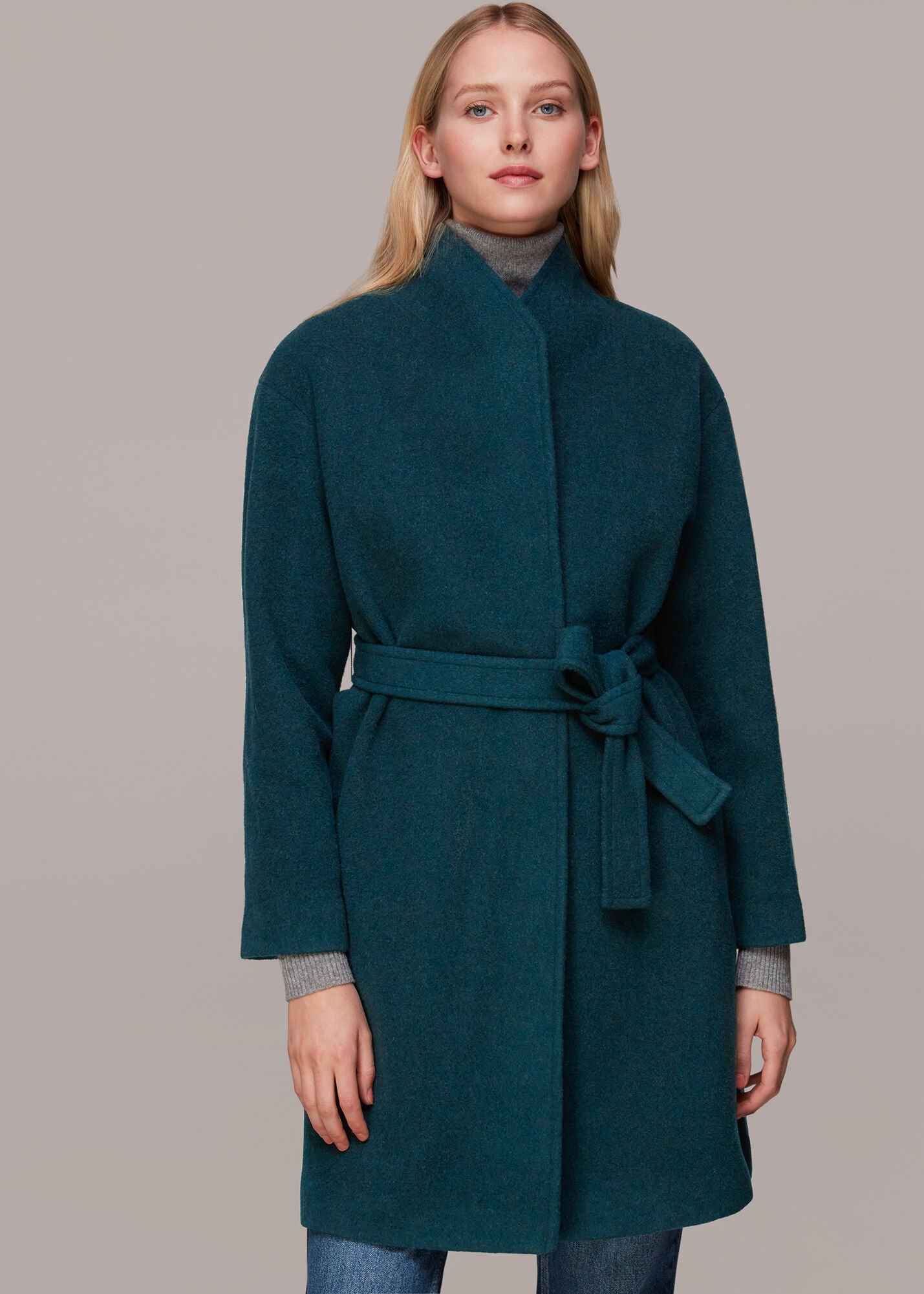Green Funnel Neck Wool Wrap Coat Whistles