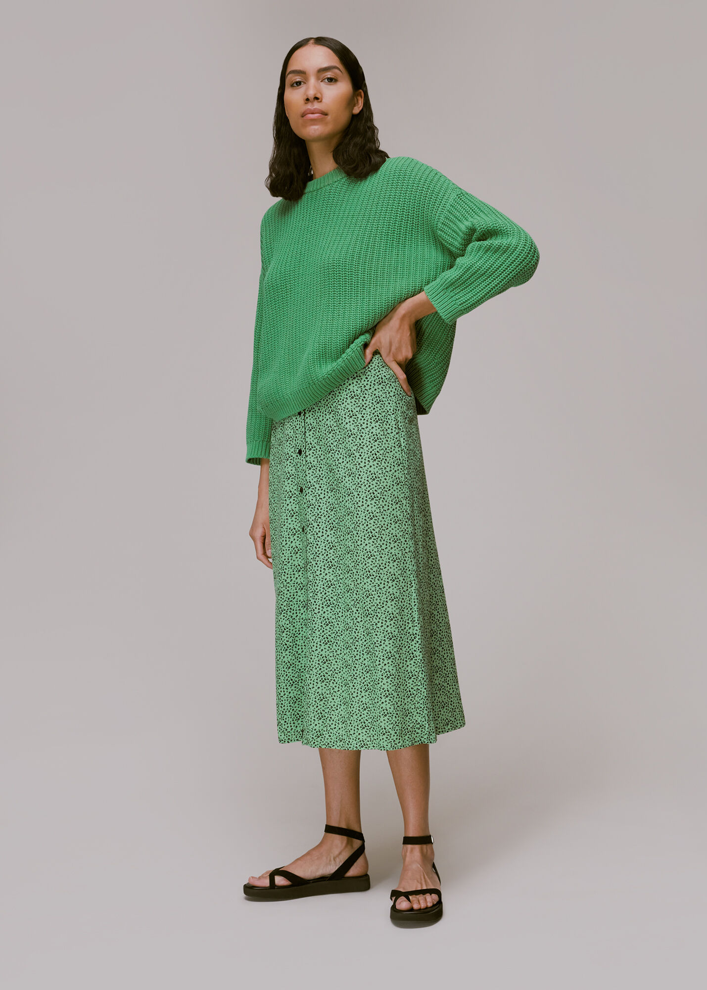 Green Multi Ink Leopard Button Front Skirt WHISTLES