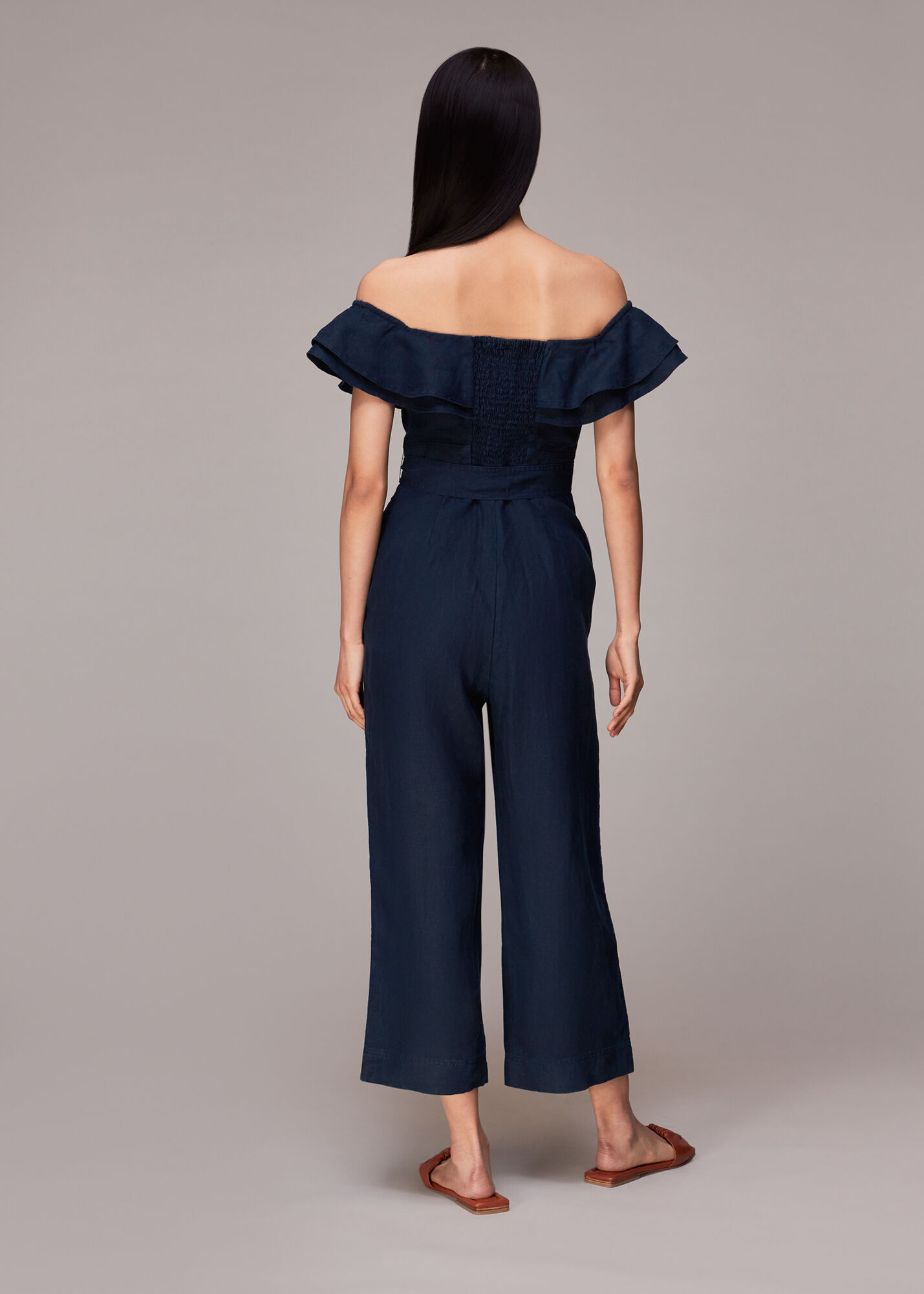 Whistles Tabi Linen Bardot Jumpsuit in Navy Blue Womens Clothing Jumpsuits and rompers Full-length jumpsuits and rompers 