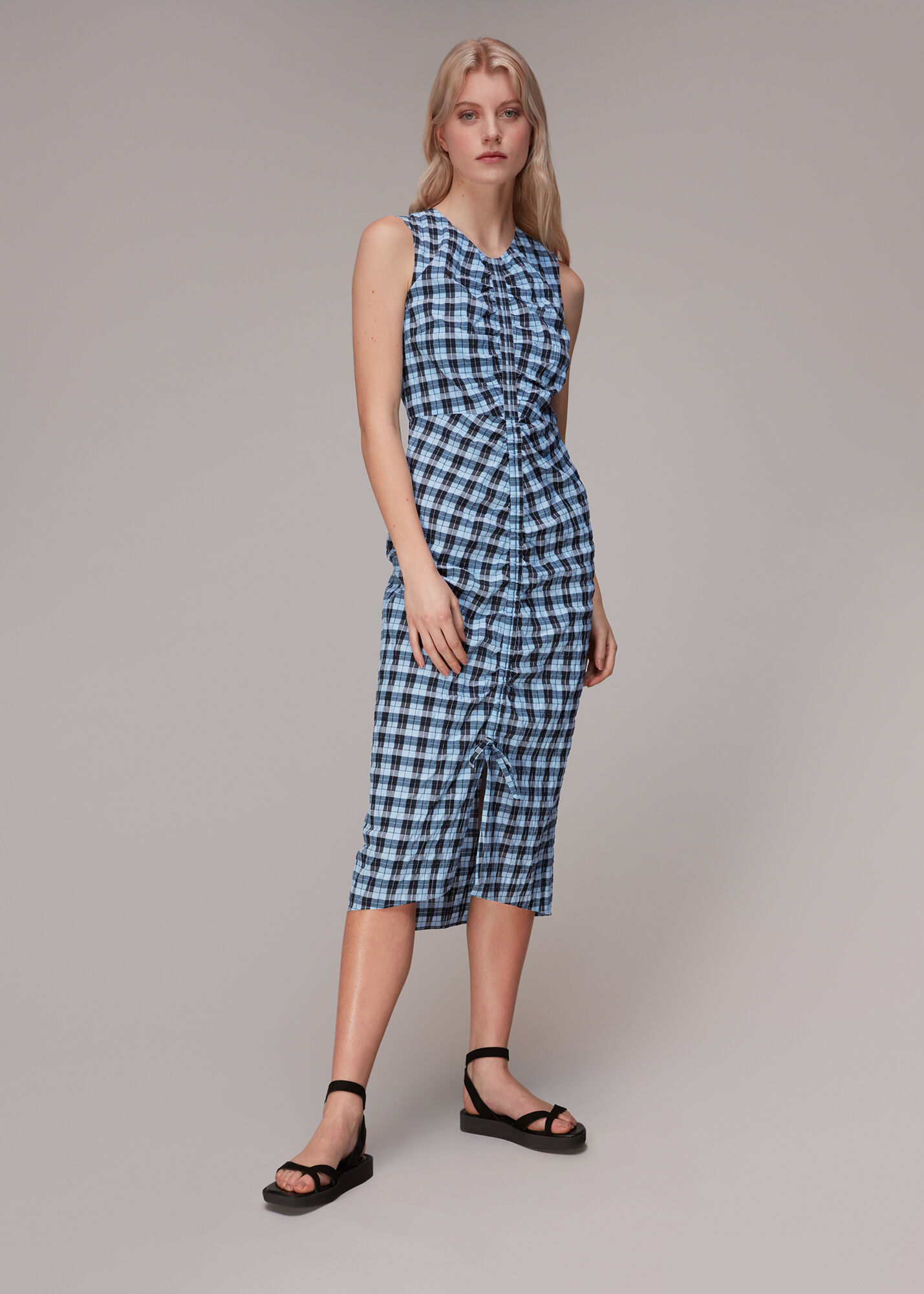 Blue Ruched Gingham Midi Dress
