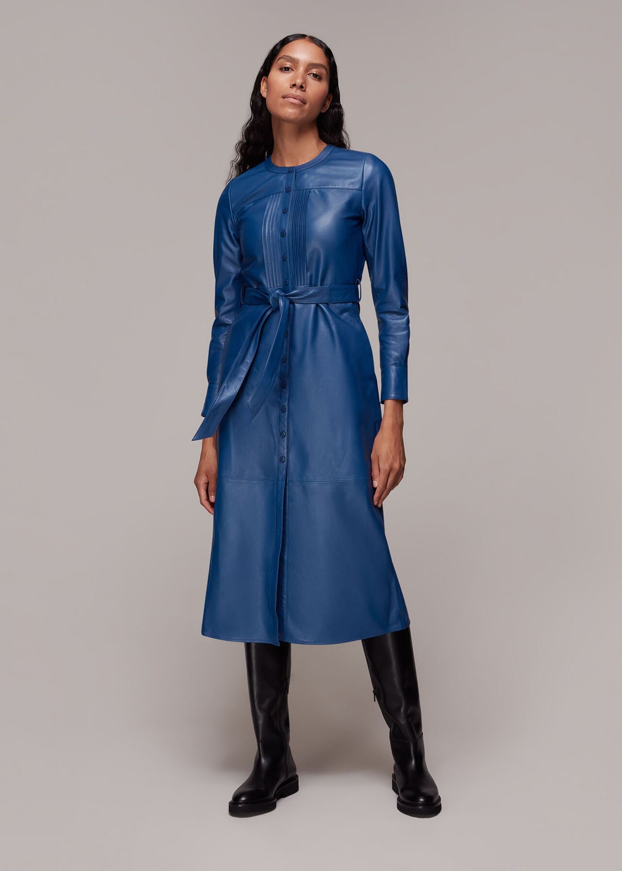 Pintuck Leather Midi Dress