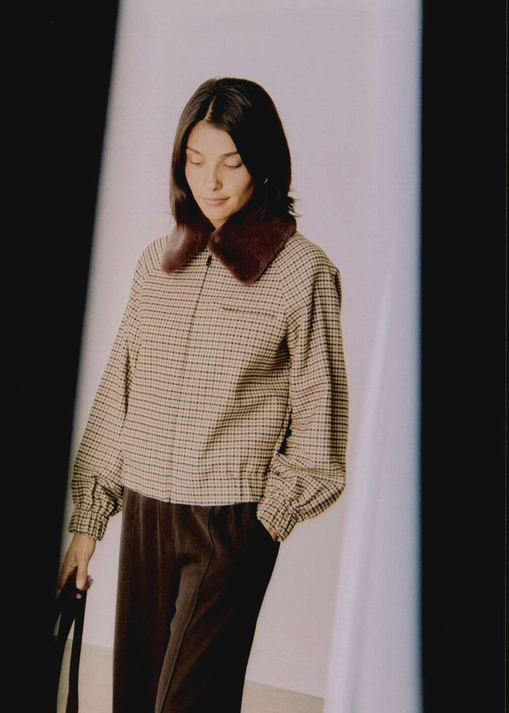 Brown Faux Fur Collar Check Bomber