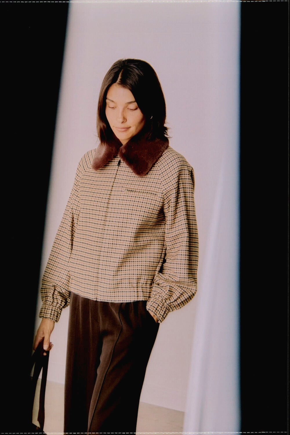 Brown Faux Fur Collar Check Bomber