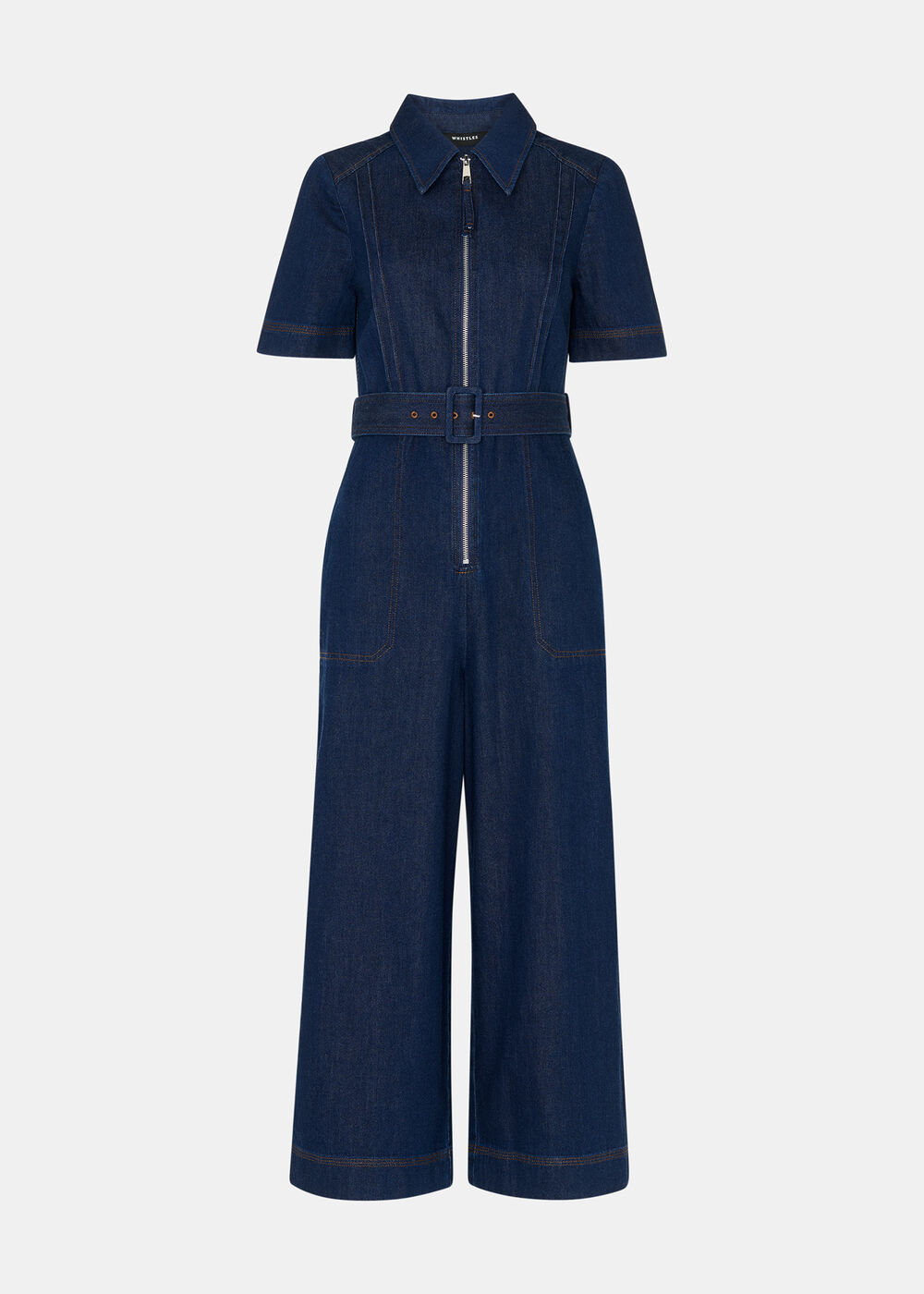 Denim Pintuck Belted Jumpsuit