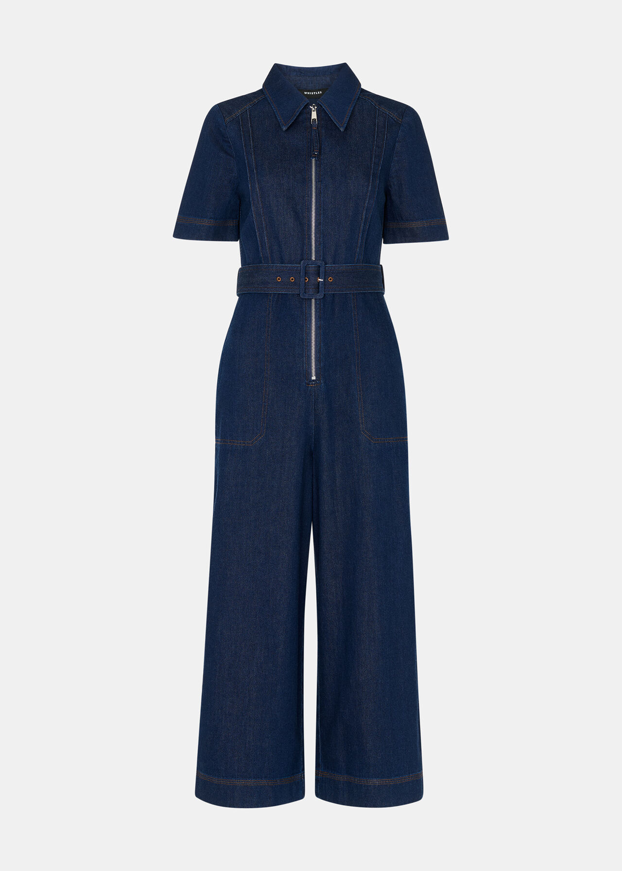 Denim Pintuck Belted Jumpsuit
