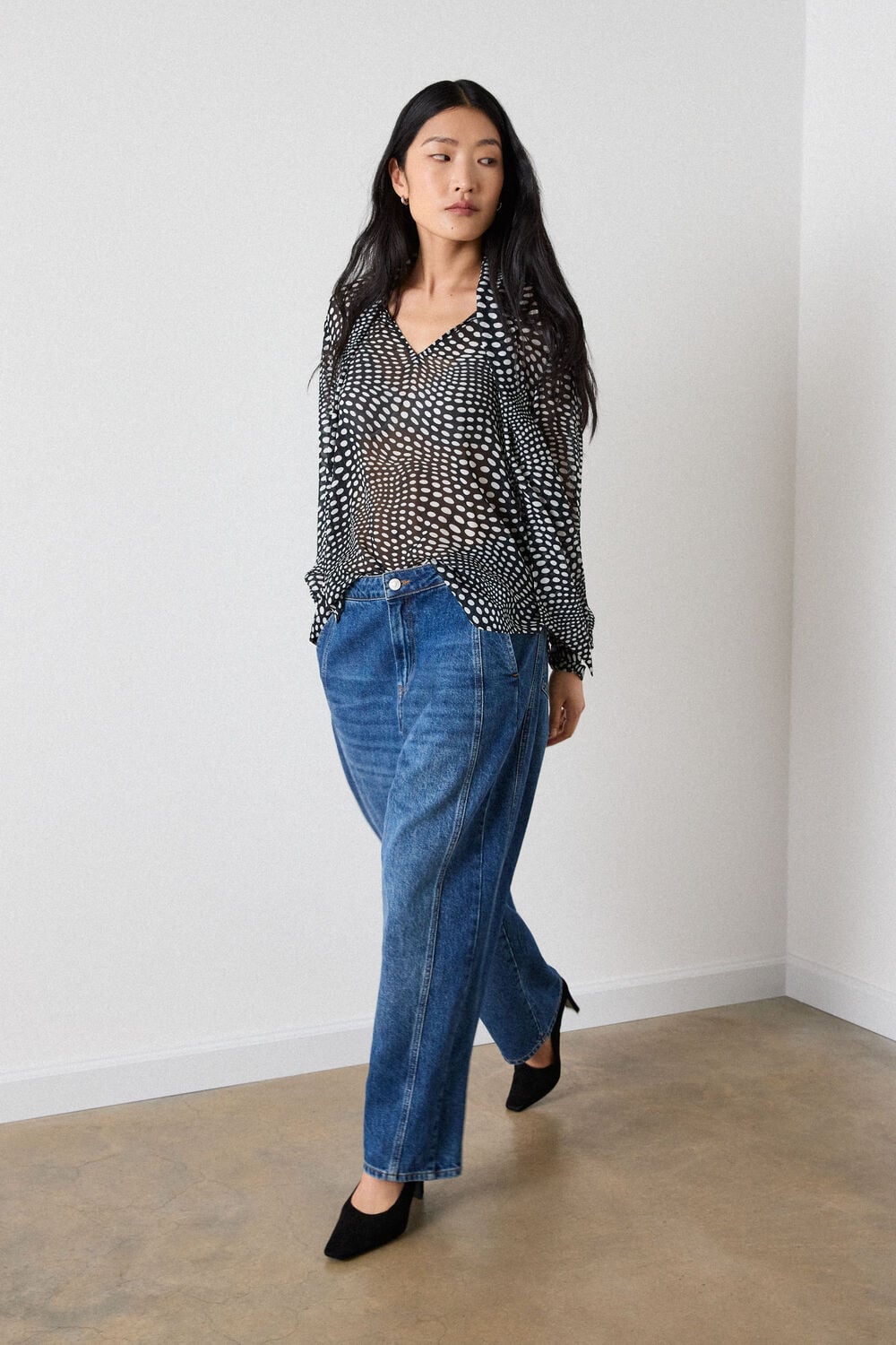 Black Mixed Spot Scarf Sheer Blouse