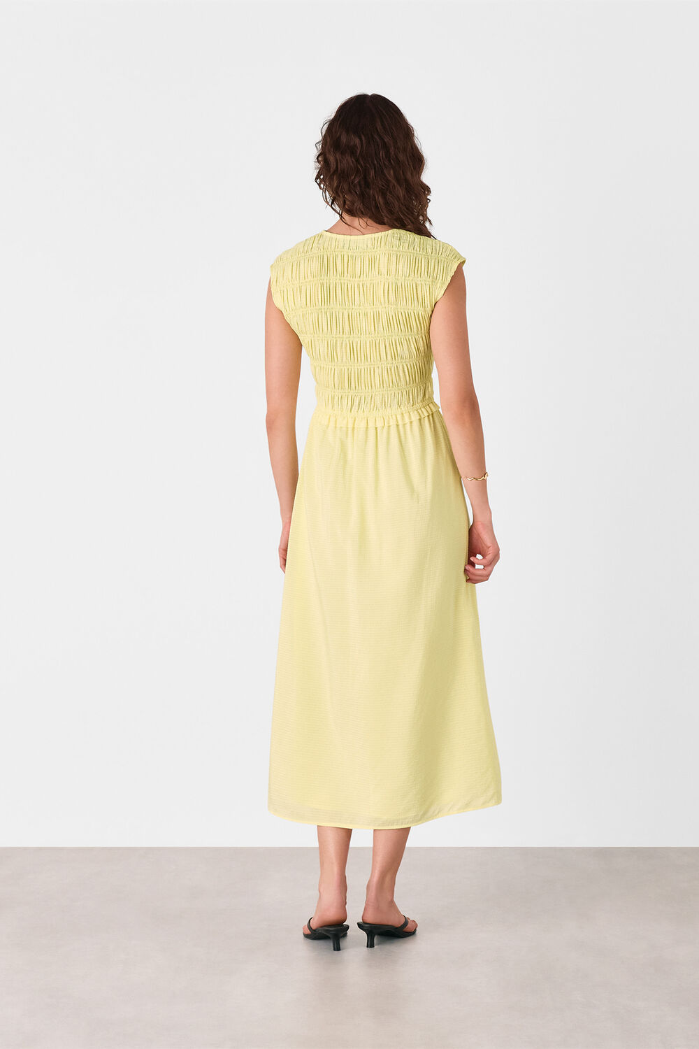 Shirred Bodice V Neck Dress