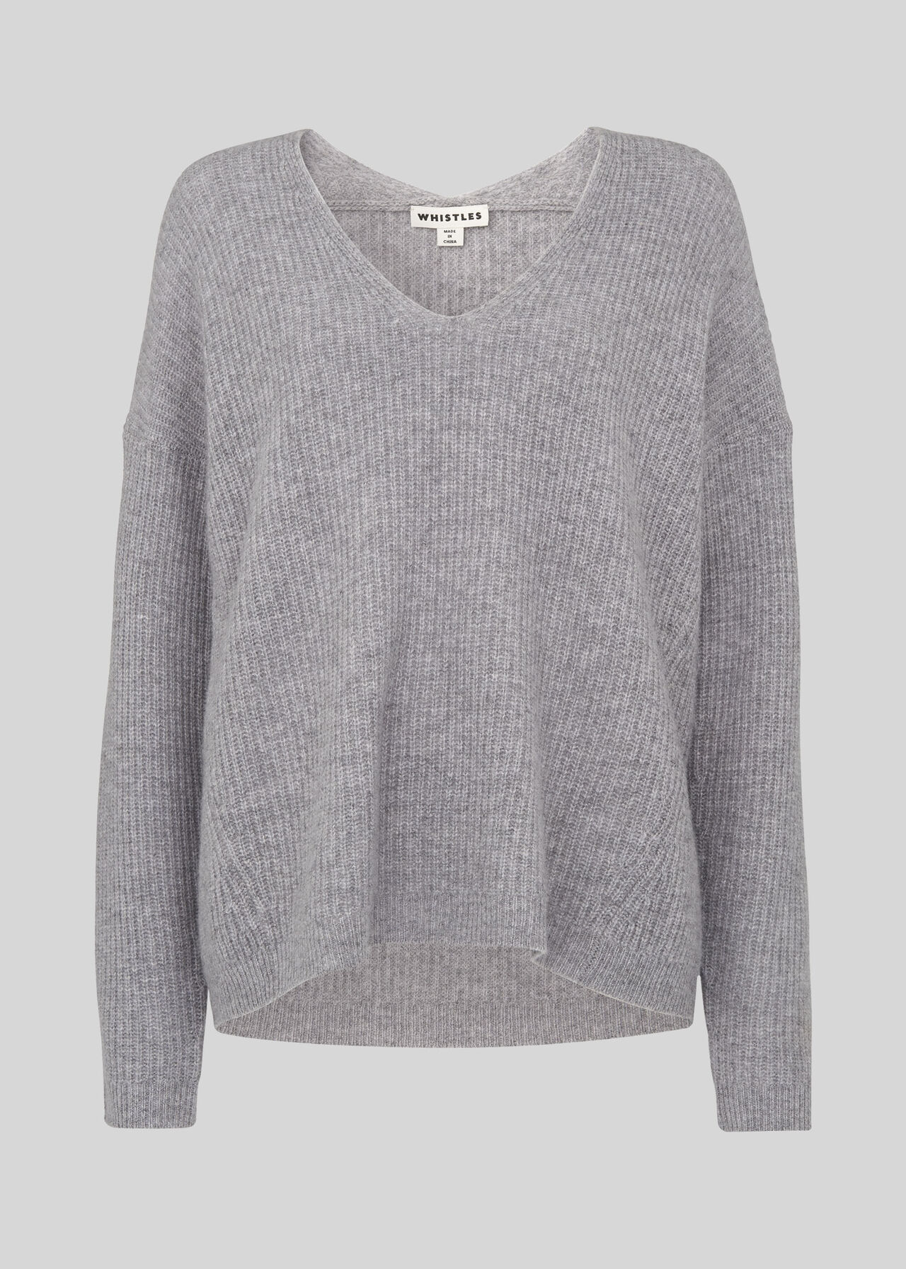 V Neck Rib Wool Sweater Grey