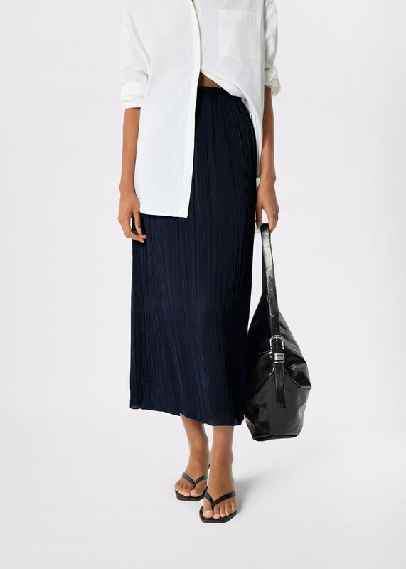 Navy Plisse Column Midi Skirt